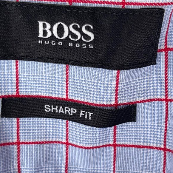 Hugo Boss Men's Checkered Sharp Fit Long Sleeve Blue & Red Shirt Size 17 - Picture 3 of 6